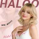 Haloo Blonde Short Bob Wigs with Bangs Shoulder Length Wavy Layered Flipped Ends Natural Looking Medium Synthetic Hair Wig for Women Daily Party, 14 Inch Ombre Blonde