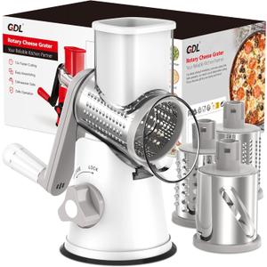 Cheese Grater Rotary, Rotary Grater for Kitchen, Kitchen Grater Vegetable Slicer with 3 Drum Blades, Fast Cutting Cheese Shredder for Vegetables and Nuts (White)