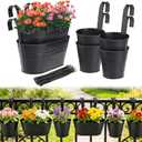 MADHOLLY 6Pcs Railing Planter with Drainage - 10.8" & 5.1" Bucket Pots for Balcony Railing, Metal Iron Hanging Flower Pots for Herb Planter Outdoor Deck & Rail Decor with Hook, Black