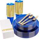 YOUBET 175PCS Clear Blue Plastic Plates - Blue and Gold Disposable Plates Include 50 Plate, 75 Silverware, 25 Cups, 25 Napkins for Wedding & Party