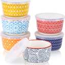 Selamica Ramekins with Lids, 8 oz Oven Safe Creme Brulee Ramekins with Covers, Souffle Dishes Pudding Custard Cups, Stackable Ceramic Small Ramekin Bowls Set for Baking, Dipping, Ice Cream, Set of 6, Assorted Colors