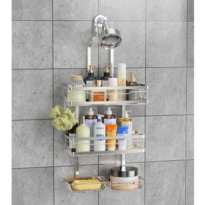 OMAIRA Shower Caddy Hanging with Soap Scrub Holder, Stainless Steel Adjustable No Drilling Non-Slip Large Capacity Sturdy Over Shower Head Shower Organizer Inside Shelves Bathroom Storage Rack, Silver