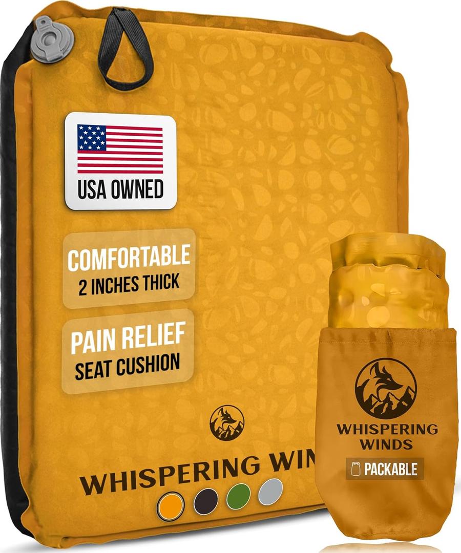 Whispering Winds Inflatable Seat Cushion for Air Travel, Stadium, Hiking, Airplane - Lightweight, Leakproof Self-Inflating Seat Cushion Foam Pad for Sitting, Camping, Car (L-Dark Gold) (Large)