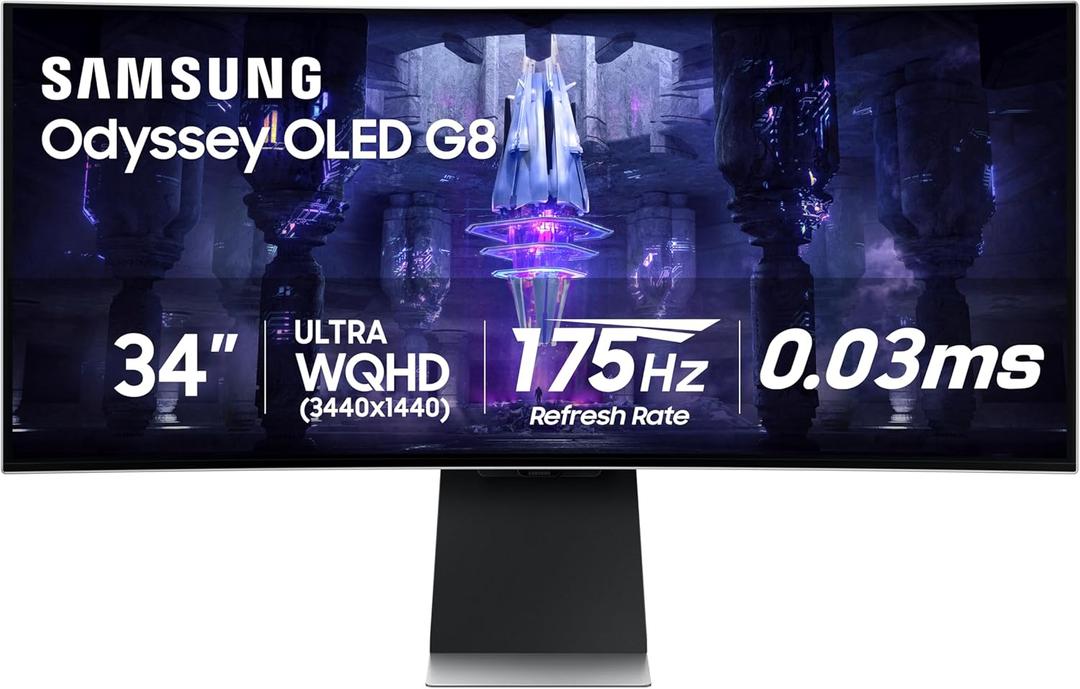Samsung 34' Odyssey G85SB Series QD-OLED Ultra WQHD Curved Gaming Monitor, 175Hz, 0.03ms, DisplayHDR True Black 400, AMD FreeSync Premium Pro, Advanced Game Streaming, LS34BG850SNXZA