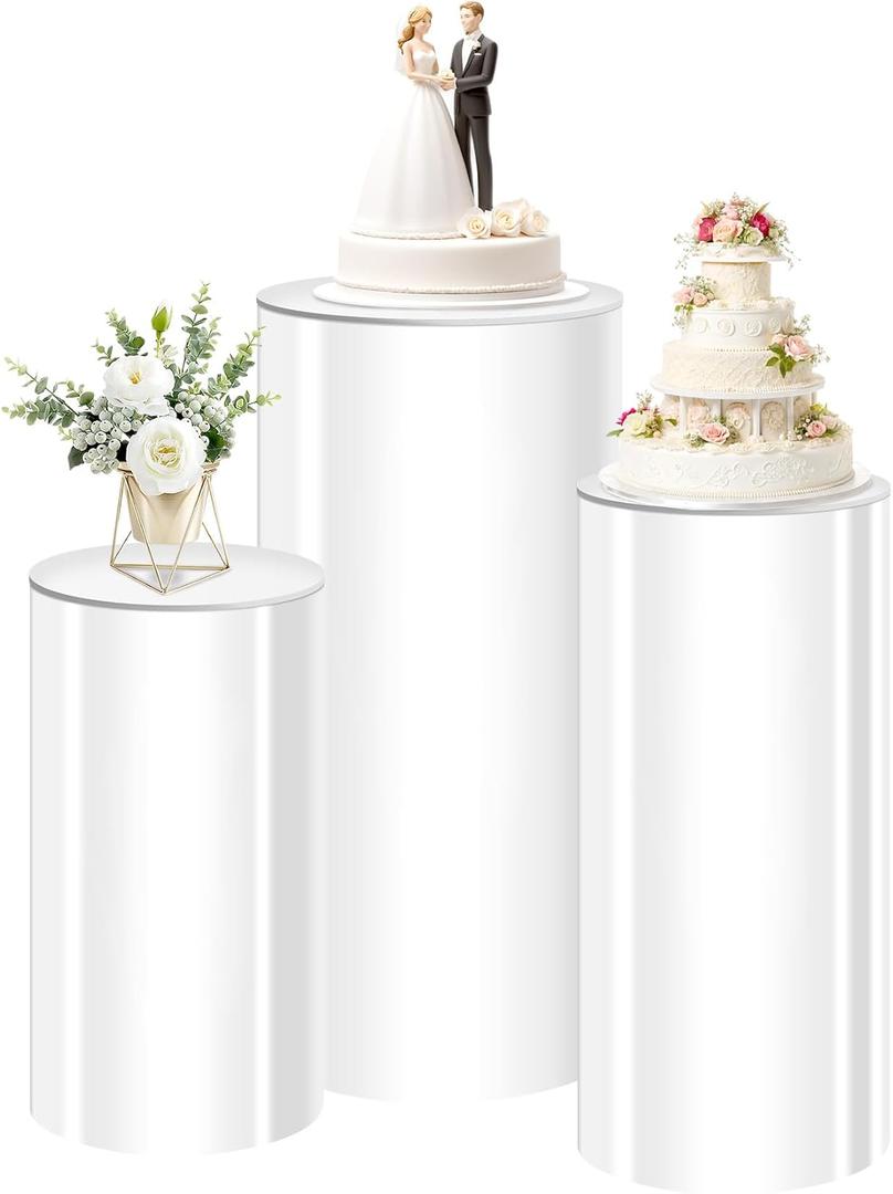 MACIFECI White Cylinder Stands for Party, White Pedestal Stand, Cylinder Pedestal Stand for Wedding Party Baby Show Decor 35.4'' 29.5''23.6''