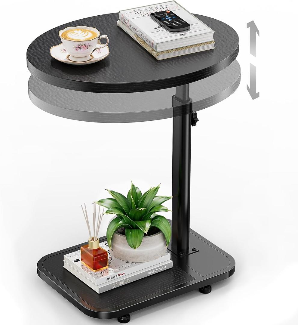 TV Tray Table with Infinite Adjustable Height - C-Shaped Sofa End Side Table for Snack Laptop Desk Small Spaces (Black)