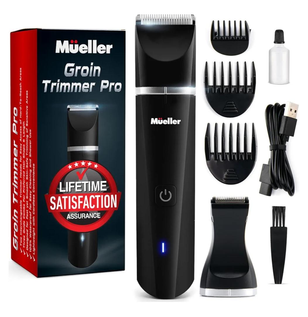Mueller Groinscaper Pro Hair Trimmer 5.0, Replaceable SkinSaver Ceramic Blade Heads, Waterproof Wet/Dry Clippers, Rechargeable, Wireless Charging, Ultimate Male Hygiene Razor, Pack 2
