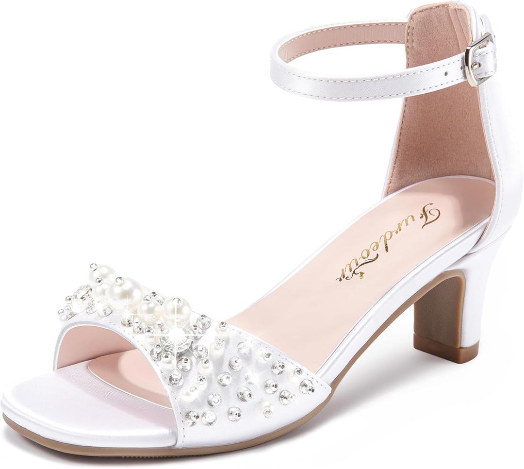 Furdeour Heels for Girls Dress Shoes Pearl Sandals Flower Girl Shoes Princess Teen Big Kids Wedding Dance Birthday Party Pageant