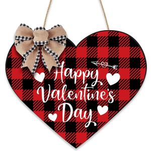 VABAMNA Valentines Day Decorations Door Sign - Buffalo Plaid Happy Valentines Day Hanging Wooden Sign for Rustic Farmhouse Valentine Door Wall Home Decorations