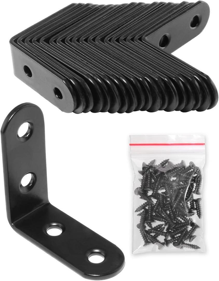 20 Pcs Black Corner Brace L Bracket, 40mm Stainless Steel Right Angle Brackets, Metal Joint Right Angle Bracket for Wood, Furniture, Shelves with Screws (1.5 Inch Black)