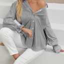 LEMAFER Women's Smocked Cuffed Stripe Boyfriend Button Down Shirts 2025 Collared Ruffle Sleeve Casual Top with Pockets