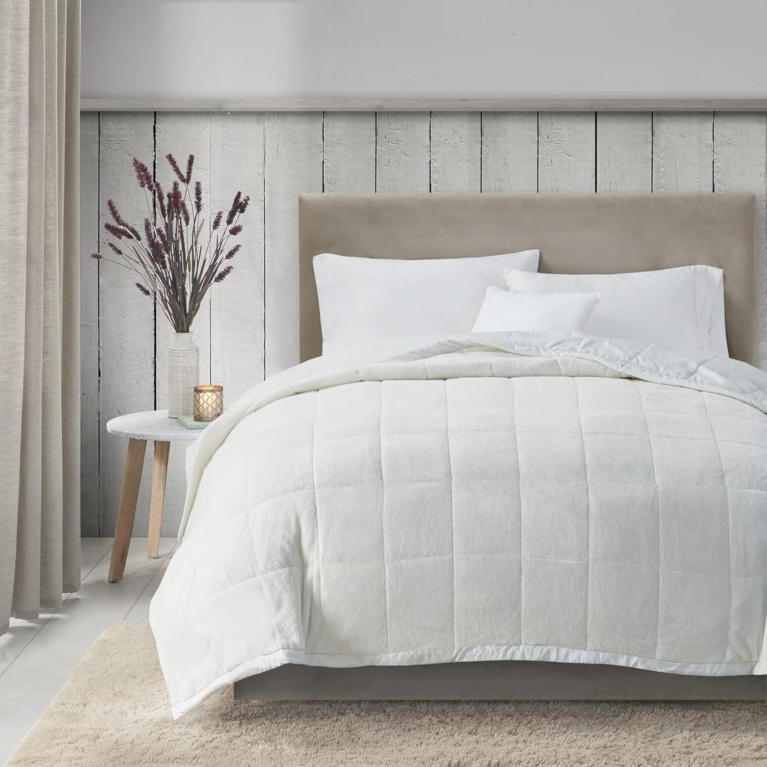 Madison Park King Cozy Blanket HeiQ Smart Temperature Plush to Microfiber Reverse Box Quilting, Reversible, Soft All Season, Lightweight Summer Cover, for Bed, Couch and Sofa, King, Ivory (King (108 in x 90 in))