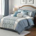 CozyDH Jacquard Queen Comforter Set, Blue White - Luxury 7Pc Bed in a Bag