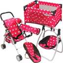 Deluxe Baby Doll Stroller with Crib Furniture Playset, Multi Baby Doll Accessories Set for 18" Dolls, Includes Doll Stroller Swing and Doll Bed Pretend Play for All Dolls - Pink