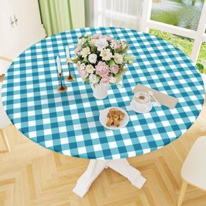 Smiry Round Picnic Tablecloth, Elastic Waterproof Fitted Vinyl Tablecloths for 36"-44" Tables, Flannel Backed Buffalo Plaid Table Cover for Dining, Camping, Outdoor, White and Turquoise
