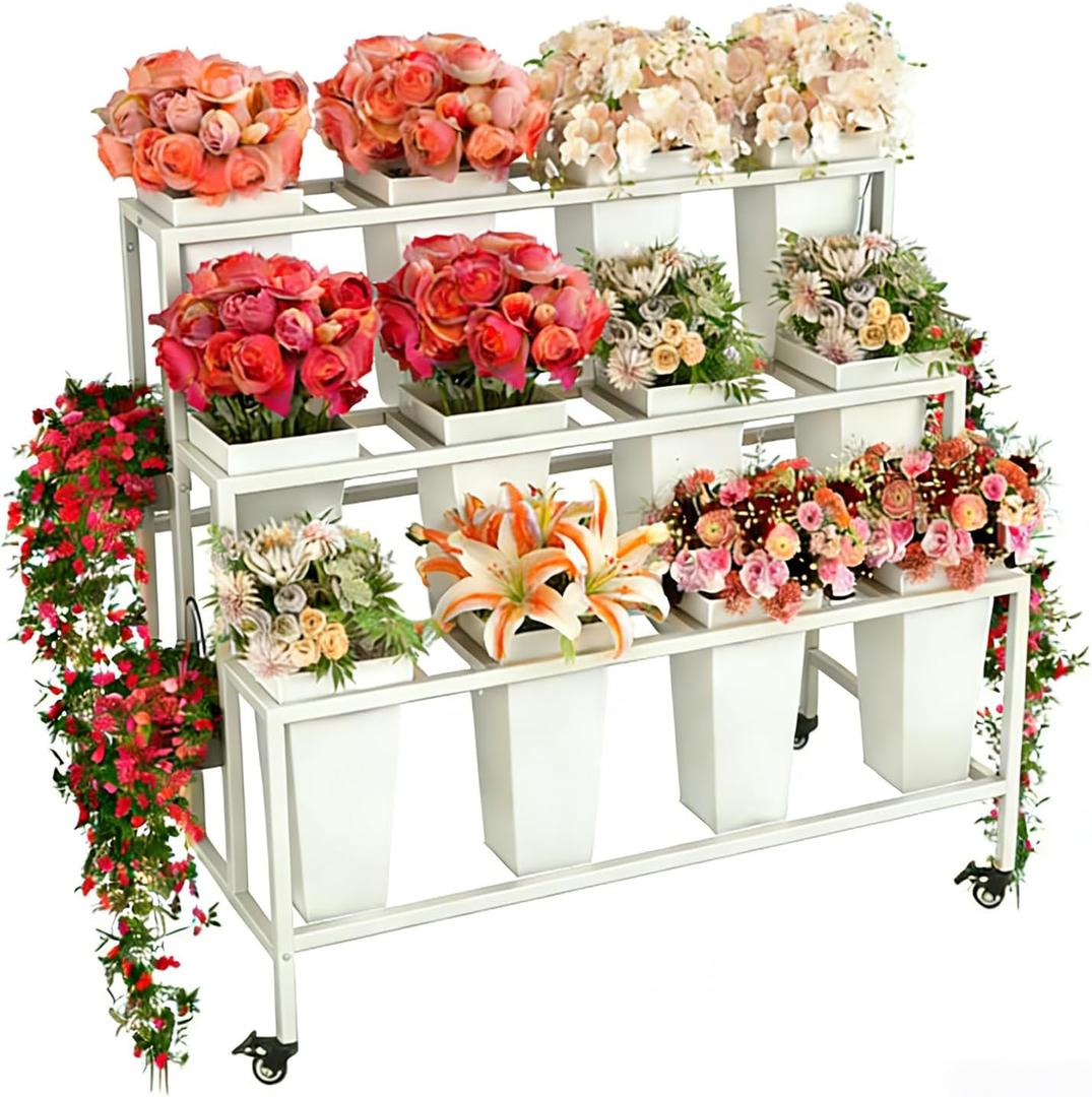 Three-layer Heavy-duty Metal Flower Bar Stand, Flower Cart Display Stand with Wheels, Flower Display Stand Without a Barrel (White)