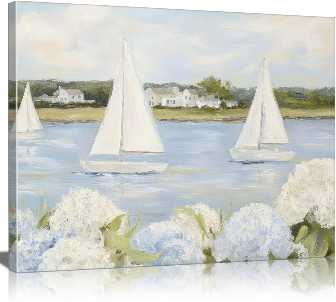 Vintage Floral Blue Coastal Canvas Wall Art Sailboat & Hydrangea Pictures Wall Decor Coastal Grandaughter Nautical Posters Grandmillenial Preppy Beachy Painting Print Artwork for Beach House Bedroom, 16"L X12"W