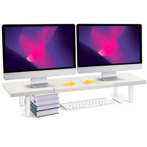 Across-Star Dual-Monitor-Stand-Riser-For-Desk Adjustable Length 32-40 Inch，Large Desktop Computer Monitor Riser For 2 Screens，Desk Shelf Organizer Riser Stand For Computer/Laptop/PC/Printer/TV White