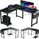 L Shaped Desk, 50 Inch Reversible Computer Desk Corner Gaming Table with CPU Stand & Storage Bag, Sturdy Metal Frame PC Workstation for Home Office, Black Wood