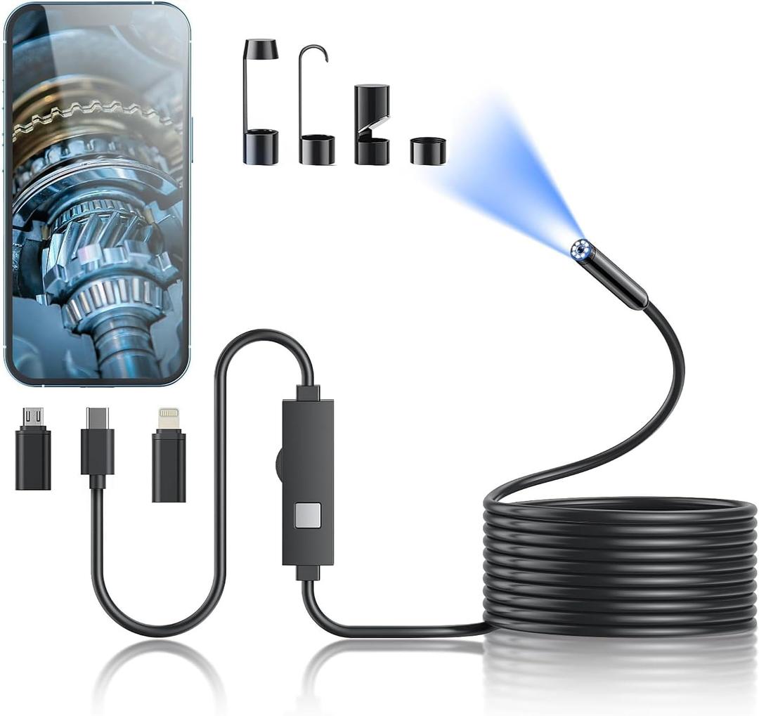 Endoscope Camera with Light, 1920P HD Borescope Tools with 8 Adjustable LED Lights, Endoscope with Semi-Rigid Snake Camera, Inspection Borescope for iOS and Android - 16.4ft Single Lens