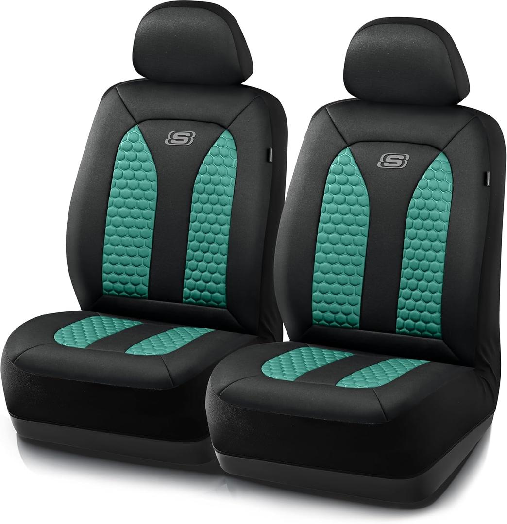 Skechers Memory Foam Car Seat Covers, Hexcomb Breathable Thick Seat Covers Two Front Seat Covers, Airbag Compatible, Automotive Comfort & Protection for Most Cars,Van,Trucks, SUVs (Green,Two Front) (Black and Green)
