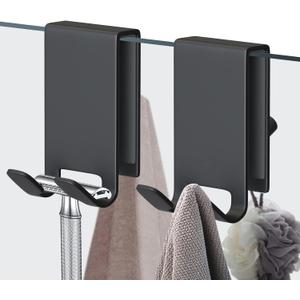 Shower Door Hook, Double-Sided Hook for Frameless Shower Doors (3.14 Inch), Heavy-Duty Stainless Steel Hook for Bathrobes and Towels, No Drilling or Adhesive Required, 2-Pack, Black