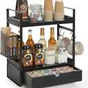 Coffee Station Organizer Countertop, Wooden Coffee Bar Accessories Organizer with Basket, 2 Mug Holder Hooks and Pod Drawer, Multifunctional 2 Tier Countertop Organizer for Kitchen, Bathroom, Office