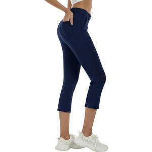 MoFiz Women's Golf Capri Pants Stretch Slim Business Casual Pants Straight Leg Yoga Dress Pants with Pockets Office Slacks (Medium, Navy)