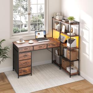 Garvee L Shaped Gaming Computer Desk with 6 Fabric Drawers, Corner Gaming Desk with Open Shelves, Home Office PC Table with Power Outlets & LED Lights, 58.3" l*54.3" h, Rustic Brown
