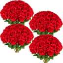 50 Pcs Artificial Red Rose Bluk Fake Flowers with Stem Realistic Silk Roses Bouquet Coffee Table Decor Flower Arrangement for Wedding Centerpieces Home Office Farmhouse Holiday Decorations