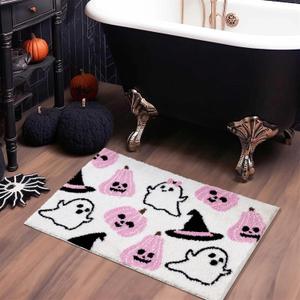 Cute Halloween Bath Mat 20W x 32L Microfiber Tufted Carved Pumpkins Ghosts Witch Hats Bathroom Mat Non Slip Washable, Fun Trendy Aesthetic Halloween Fall Shower Bath Rug Bathroom Decor (White)