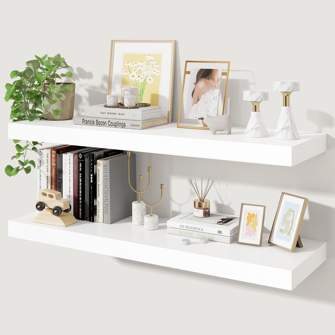 Axeman Floating Shelves for Wall, Rustic Wood Wall Mounted Shelves for Bathroom, Bedroom, Kitchen, Hanging Bookshelves for Home Wall Decor Living Room, 36 inch Set of 2, White (36" W x 10" D x 1.5"H)