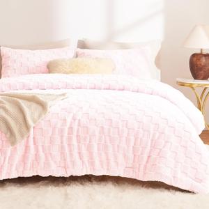 CozyLux Fleece King Comforter Set Blush Pink,Super Soft & Warm Fluffy Bedding with Checkered Pattern,Luxury Fuzzy Heavy Bed Set for Winter,3 Pieces,1 Comforter and 2 Pillowcases