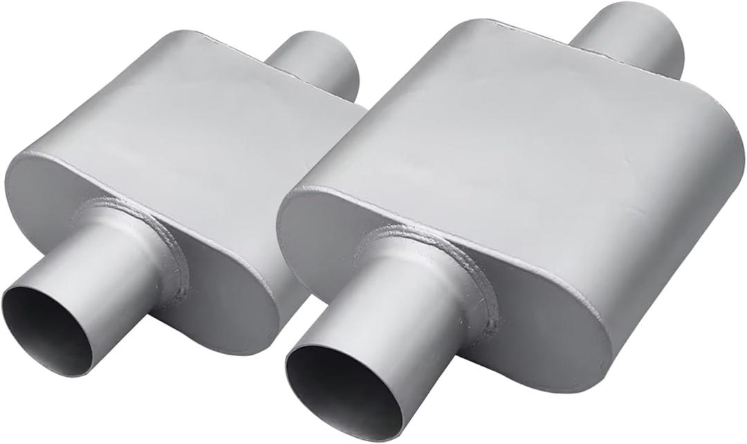 Universal 2.5" (ID) Inlet 2.5" (ID) Outlet Single Chamber Muffler - 13" Total Length (7x9x4 in Body), Aluminum Coated Exhaust with Internal Baffle to Produce Aggressive Deep Sound (2 Pack)