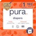 Pura Hypoallergenic Diapers, Size 1 (4-11 lbs), Monthly Pack, Totally Chlorine Free, Wetness Indicator, Suitable for Sensitive Skin, Soft Cotton Comfort, Overnight, 4 Packs of 32 (192 Baby Diapers)
