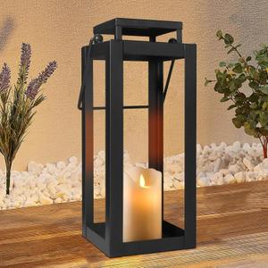 18" Black Metal Modern Candle Lantern Decorative Hurricane Lantern for Indoor & Outdoor Use, Ideal for Table, Mantle, Porch, Halloween, Christmas, and Wedding Decor (No Glass Panel)