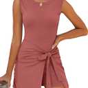 Caracilia Women Summer Sleeveless Bodycon Tie Cinched Waist Romper Skort Mini Dress Built in Shorts Night Out Vacation Dress (X-Large, Rust Red)