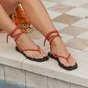 Rope Flat Sandals for Women Strappy Lace Up Square Open Toe Thong Sandals Comfortable Summer Beach Flip Flops Shoes, Size: 7.5