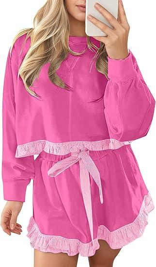 MISSACTIVER Ruffle 2 Piece Sets For Women Long Sleeve Color Block Crop Sweatshirt Drawstring Shorts Fall Patchwork Lounge Set(size M)