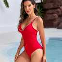 RIHOAS Women's One Piece Swimsuit, Gold Rhinestone Necklace, Postpartum Tummy Control Ruched Deep V Neck Bathing Suit (Red, M)
