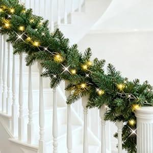 Prelit Christmas Garland, 50 LED Battery Operated Christmas Garland with Lights, 9FT Lighted Christmas Garlands for Stairs Mantel Door Outdoor