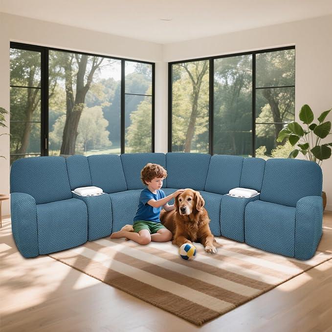 ROFASVCO 100% Waterproof Sectional Recliner Couch Covers for Reclining Couch L Shaped Corner Sectional Sofa Cover Jacquard Stretch L Shape Recliner Slipcovers (5 Seater 1 Console Cover, Lake Blue)