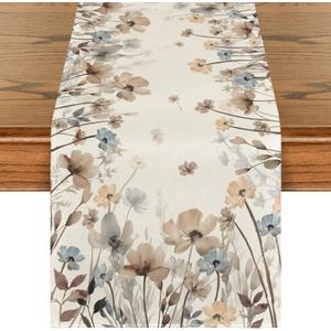 Artoid Mode Brown Poppy Flowers Floral Blossom Summer Table Runner, Fall Kitchen Dining Table Decoration for Home Party Decor 13x72 Inch