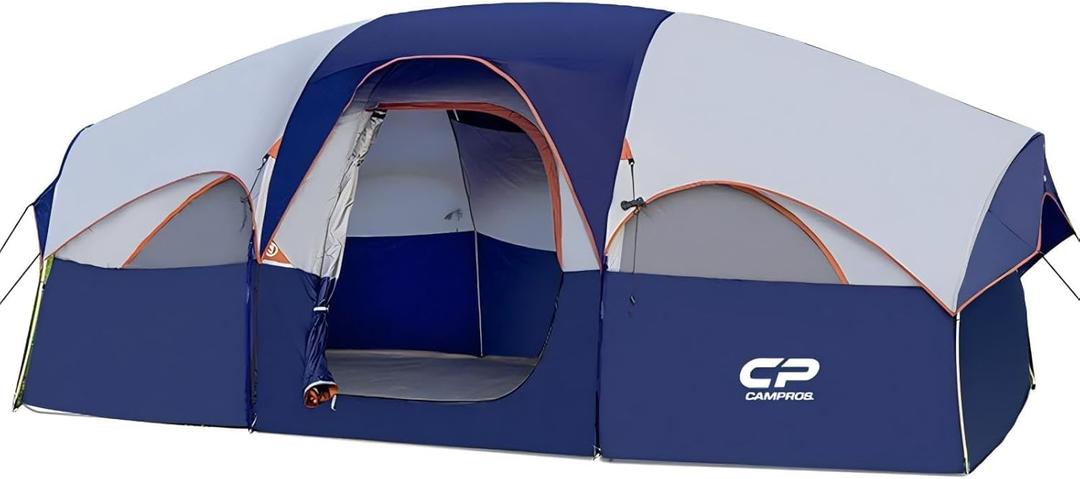 CAMPROS CP Tent 8 Person Camping Tents, Weather Resistant Family Tent, 5 Large Mesh Windows, Double Layer, Divided Curtain for Separated Room, Portable with Carry Bag (Blue)