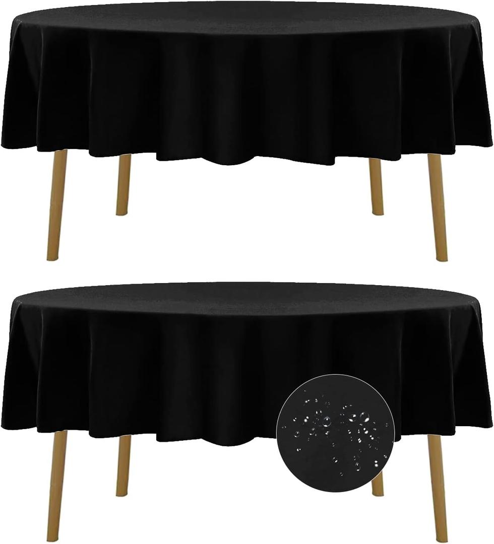 Fokitut 2 Pack Waterproof Round Tablecloth, 70 Inch, Stain Resistant and Wrinkle Polyester Table Cloth, Fabric Table Cover for Kitchen Dining, Wedding, Party, Holiday DinnerBlack