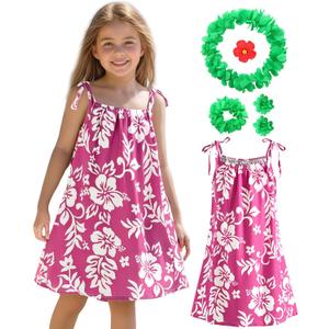 ZIW Girls Pinkish-Red Tropical Cosmos Flower Sundress Kids Hawaiian Costume with Luau Party Accessories Halloween Costumes (11-12 Years)