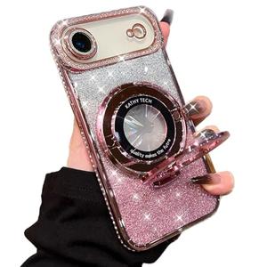 AuroiCCY for iPhone 17 Air Magnetic Kickstand Case, [Compatible with Magsafe] Bling Glitter Diamond Rhinestone Ring Holder Camera Protector Cute Cover for Girls Woman for iPhone 17 Air 6.5", Pink