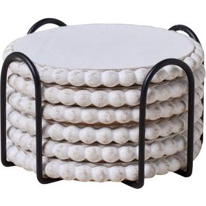 GENMOUS 6 Pack Farmhouse Wooden Bead Coasters with Metal Holder for Coffee Table Decor, Round Handmade Cup Coasters Set for Drinks Absorbent, Rustic Cute Coaster for Home Kitchen Table Dcor