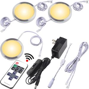 Book Case Lights, Mini Under Shelf Cabinet Puck Lighting, 120V Wall Plugged in Adapter, Wireless Dimmable LED RF Remote Controller, Linkable White Cables, Warm White 2700K, 3 Lights