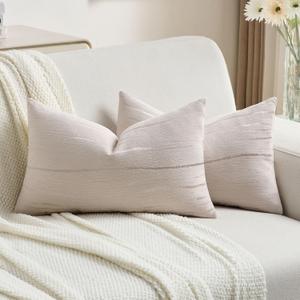 FUTEI Pack of 2 Chenille Decorative Throw Pillow Covers 12x20 Inch,Soft Embossed Striped Textured Lumbar Pillow Cases,Modern Home Decor for Couch Bed Living Room,Beige